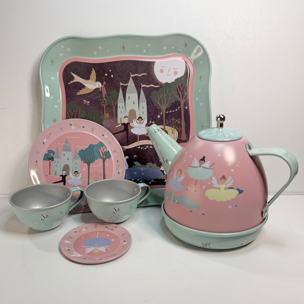 Whimsical “Floss & Rock” Ballerina Pink and Mint “Swan Lake” Tea Set & Music Box